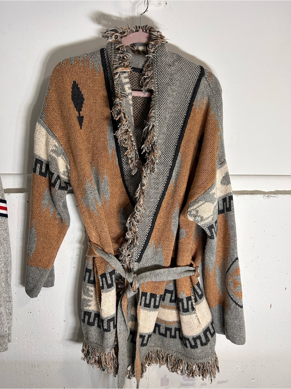 Karen Kane Fringed Open-Front Aztec Knit Cardigan Sweater l